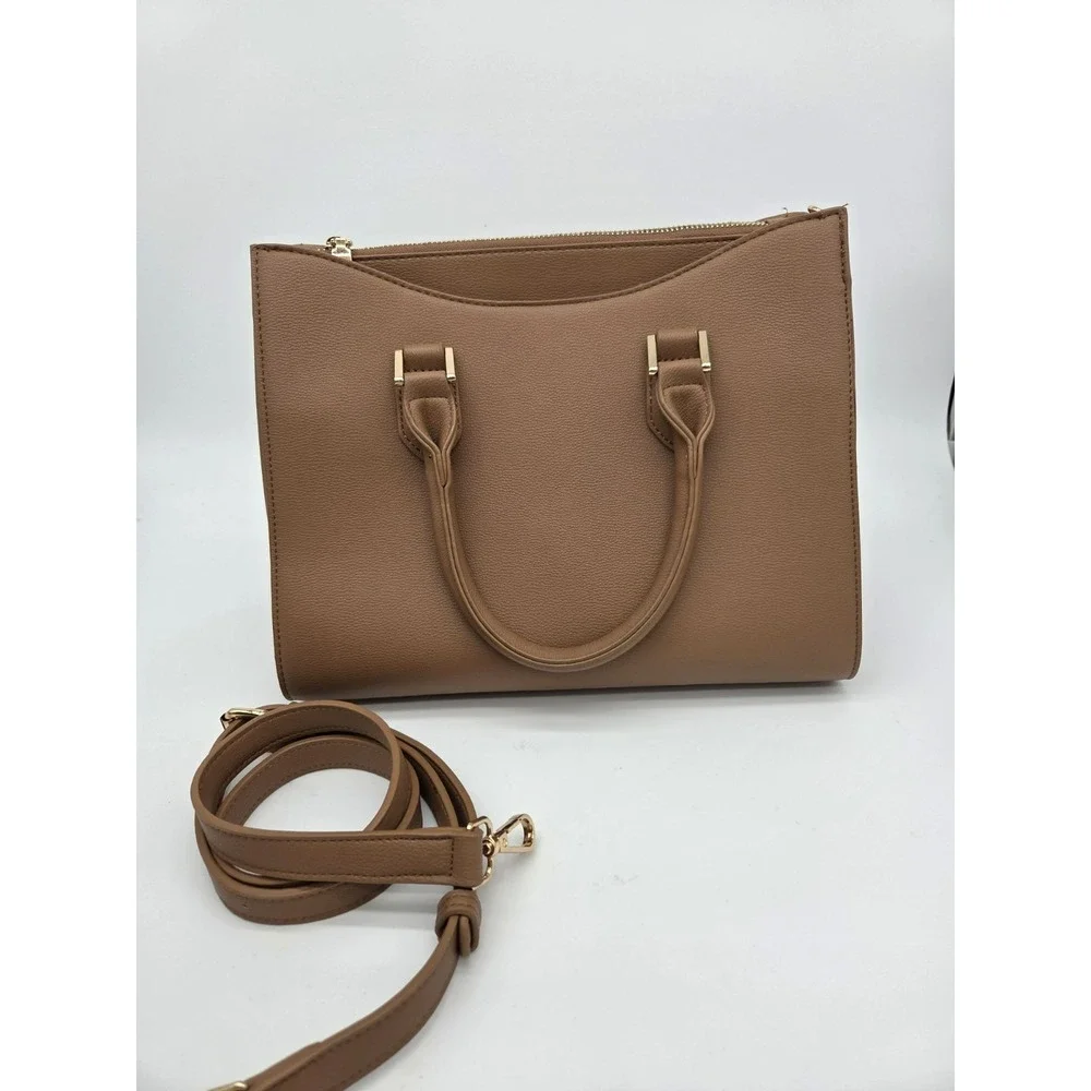 MIZTIQUE Two Handle Brown Satchel Faux Leather Crossbody‎ Large Compartments NEW